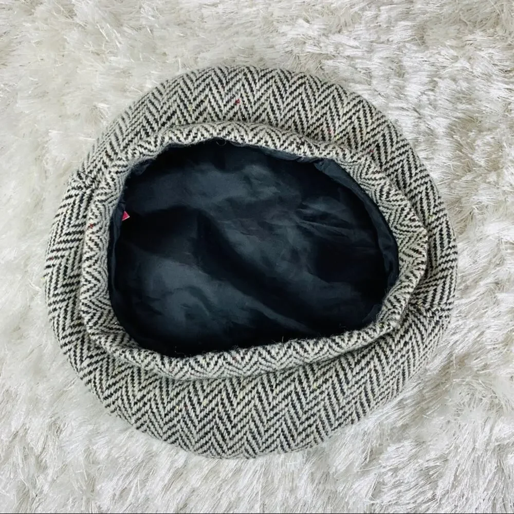 Black Herringbone Sparkly Beret Wool Blend OSFA